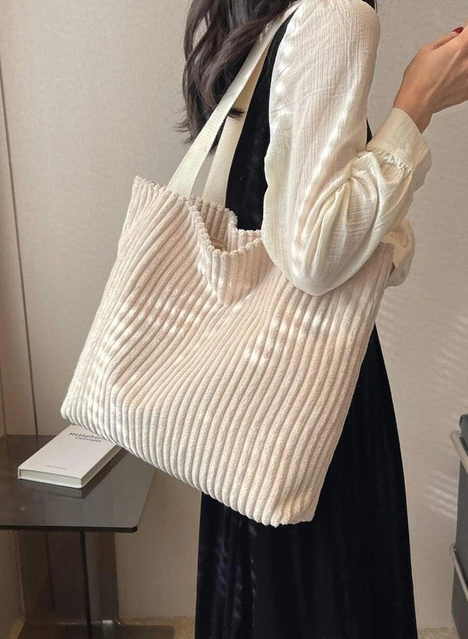 كون حقيبة يد كورية من قماش الكوردروي من Kawn®، حقيبة يد أنيقة للنساء، مزودة بسحاب، حقيبة كتف كبيرة الحجم مع جيوب، متعددة الاستخدامات للاستخدام اليومي في الجامعة والعمل والشاطئ والسفر والتسوق (بيج). - Image 2